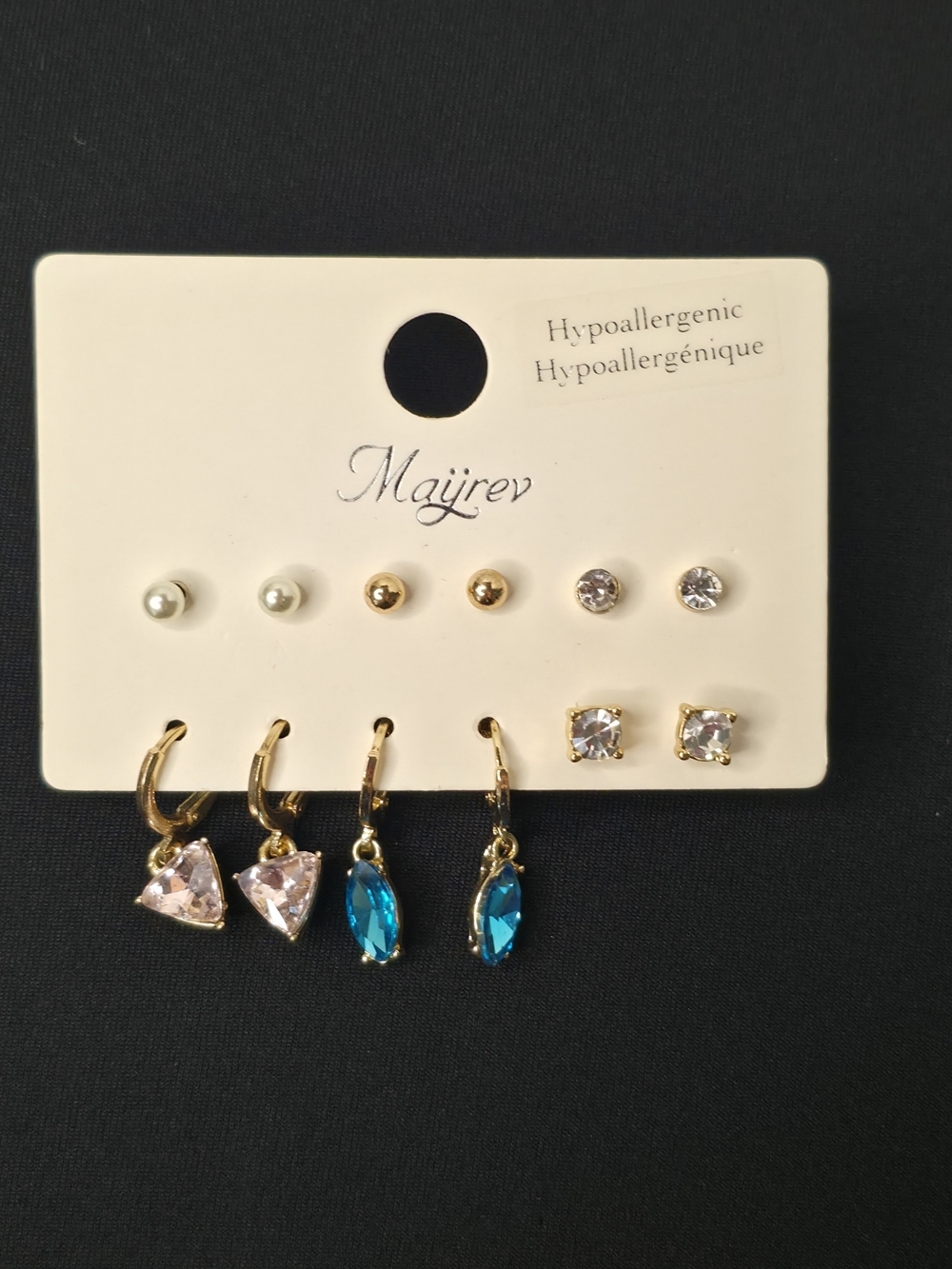 💫3x25$ Gold Tone Earring Set with Blue and Clear Stones 6 Item Set Hypoalergen